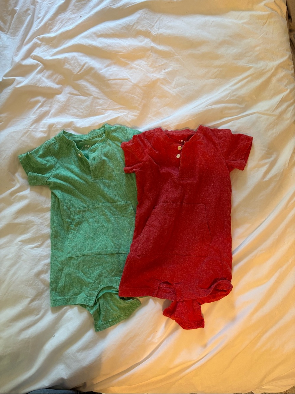 Primary Short-Sleeve Rompers in Red and Green